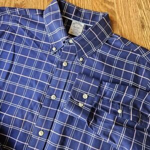 BROOKS BROTHERS Men's REGENT Blue White Plaid Check‎ Shirt Size Large Button Up
